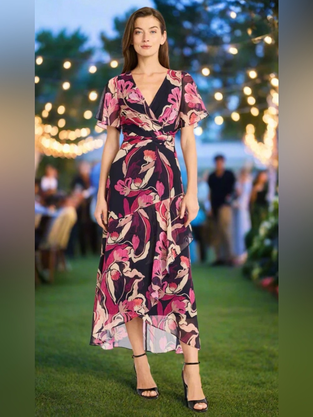 NWT Maggy London Jean NAVY  Blue Floral Flutter Sleeve Midi Dress Size 4